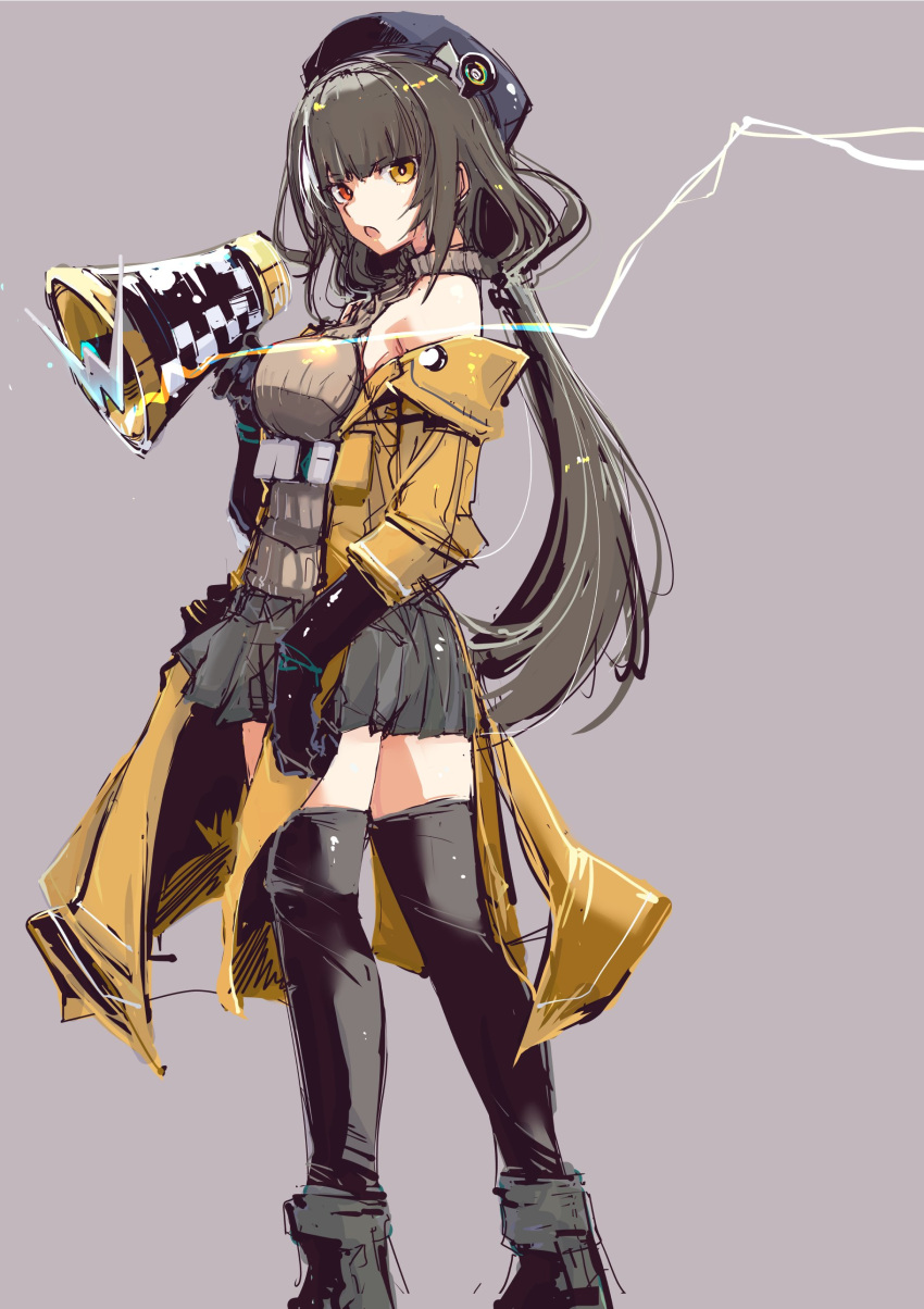 absurdres, beret, breast_strap, clothes_pull, colt_9mm_smg, commentary_request, girls'_frontline_2:_exilium, girls_frontline, green_trim, gun, hat, highres, holding, holding_megaphone, jacket, jacket_pull, long_hair, looking_at_viewer, megaphone, multicolored_hair, racequeen, ro635_(girls'_frontline), robella_(girls'_frontline_2), short_shorts, shorts, sleeveless, sleeveless_sweater, streaked_hair, submachine_gun, sweater, twintails, weapon, yellow_jacket, yoto_(rinlin2)