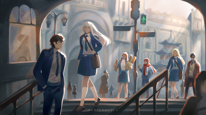 aerisabella, black_hair, blonde_hair, blue_coat, blue_necktie, blue_skirt, braid, cassie_(shadow_slave)