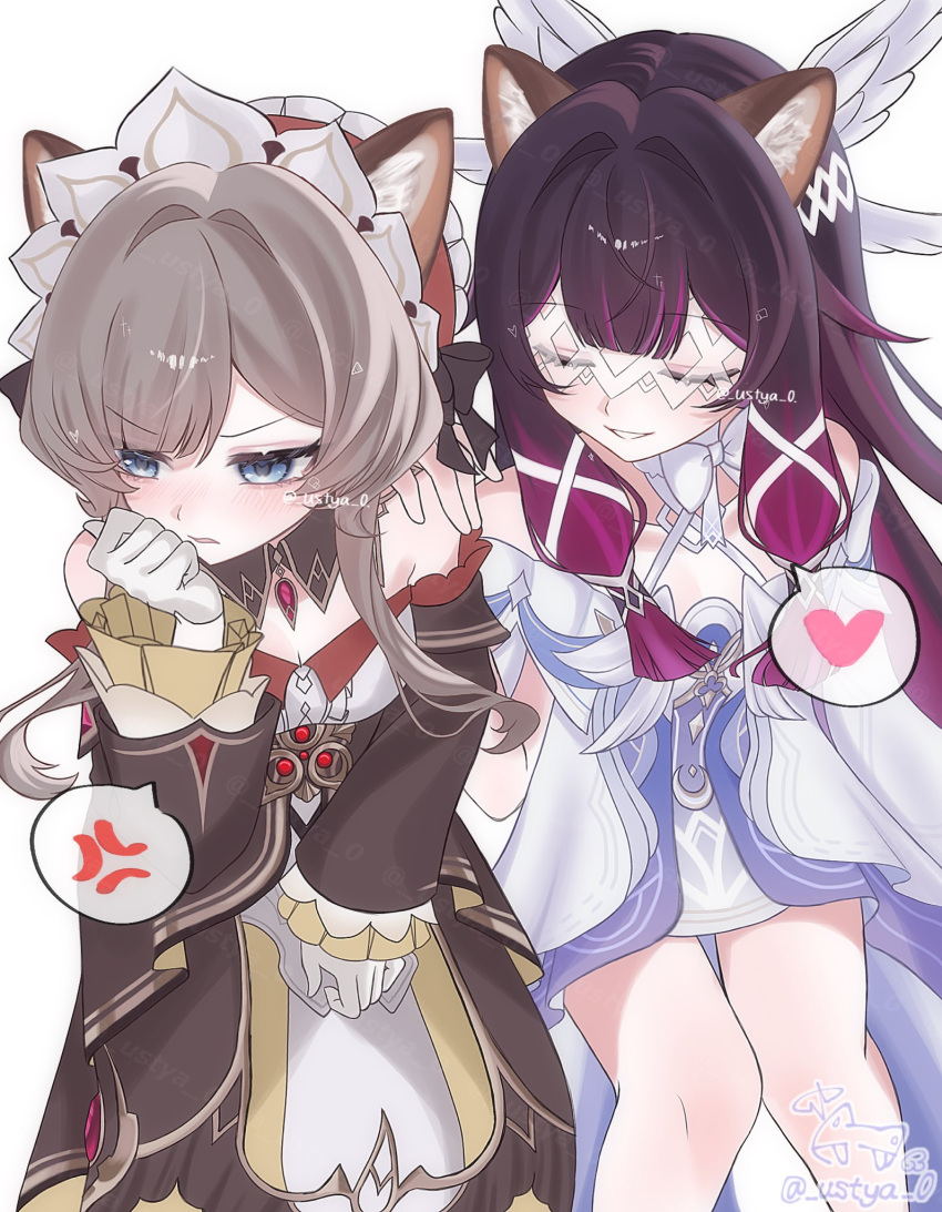 2girls, anger_vein, animal_ear_fluff, animal_ears, black_bow, black_hair, blue_eyes, blush