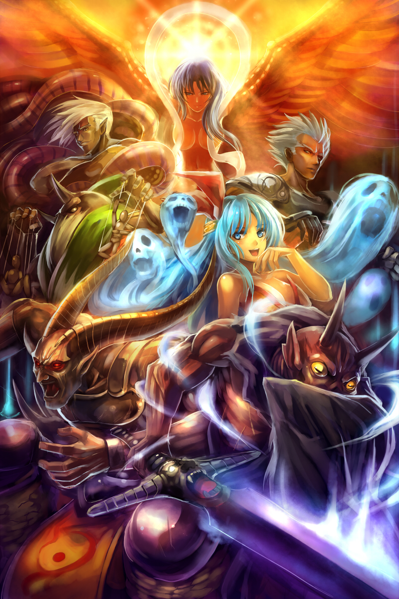 blue_hair, bokuohn, dantarg, edobox, highres, horns, kujinshi, long_hair, noel_(romancing_saga_2), open_mouth, pointy_ears, puppet, red_eyes, rocbouquet, romancing_saga_2, saga, short_hair, subier, sword, the_seven_heroes, wagnas, weapon, white_hair, wings