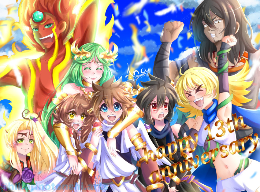 4boys, 4girls, :d, ^_^, anniversary, black_hair, blonde_hair, blue_eyes