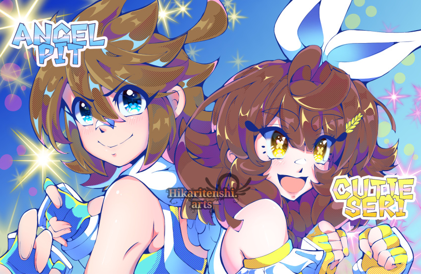 1boy, 1girl, :d, ahoge, androgynous, artist_name, blue_background, blue_eyes