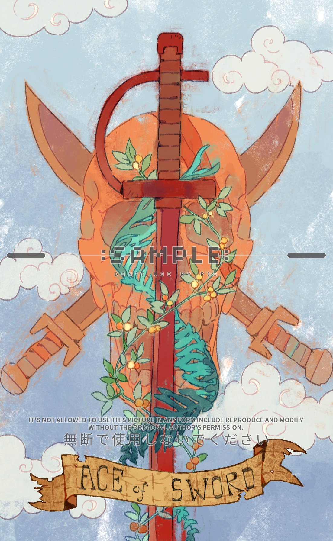ace_of_swords_(tarot), card_(medium), clouds, commentary, flower, highres, no_humans, one_piece