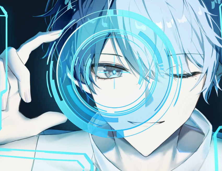 1boy, aoyagi_touya, blue_hair, clenched_teeth, close-up, commentary, competitive_fire!_(project_sekai), fingernails