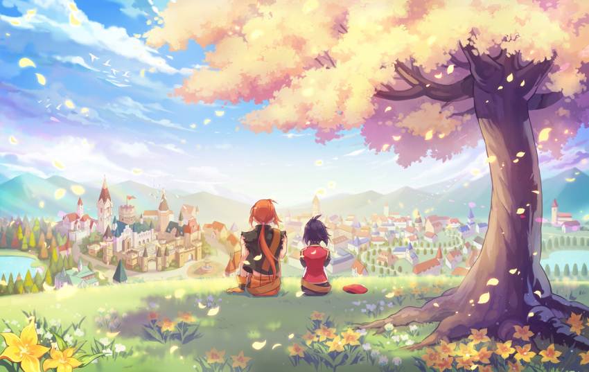 1boy, 1girl, antenna_hair, architecture, artist_request, atmospheric_perspective, belt, beret