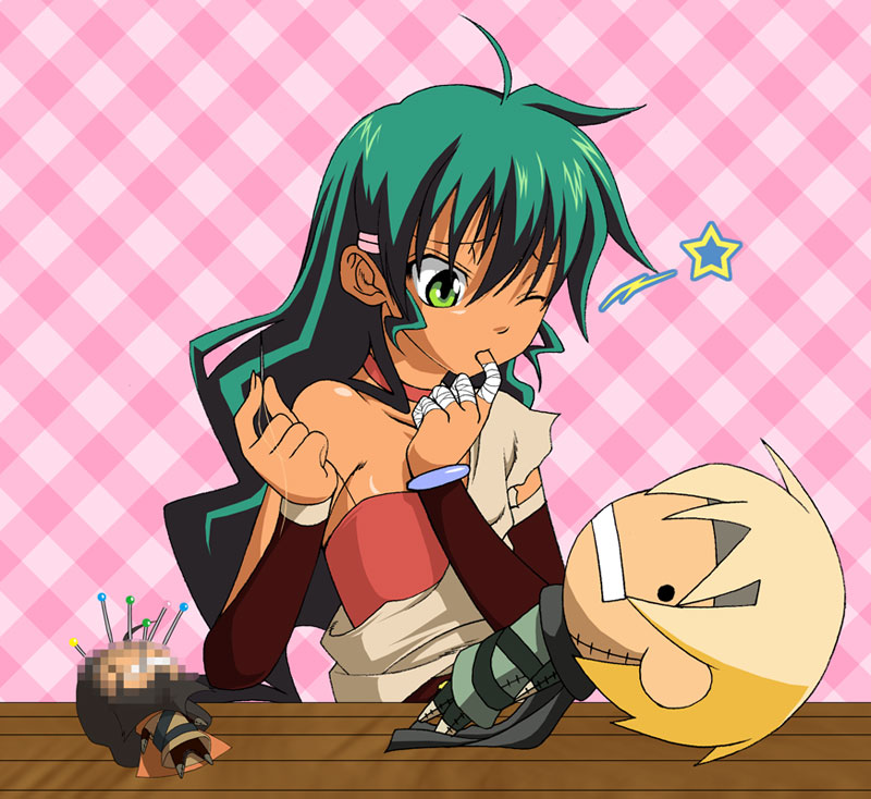 ahoge, bandage, bandages, barda, censored, character_doll, choker, dark_skin, deltora_quest, doll, eisbahnx, finger_in_mouth, green_eyes, green_hair, hair_ornament, hairclip, jasmine_(deltora_quest), lief_(deltora_quest), needle, sewing, star, tan_skin, thread, wink