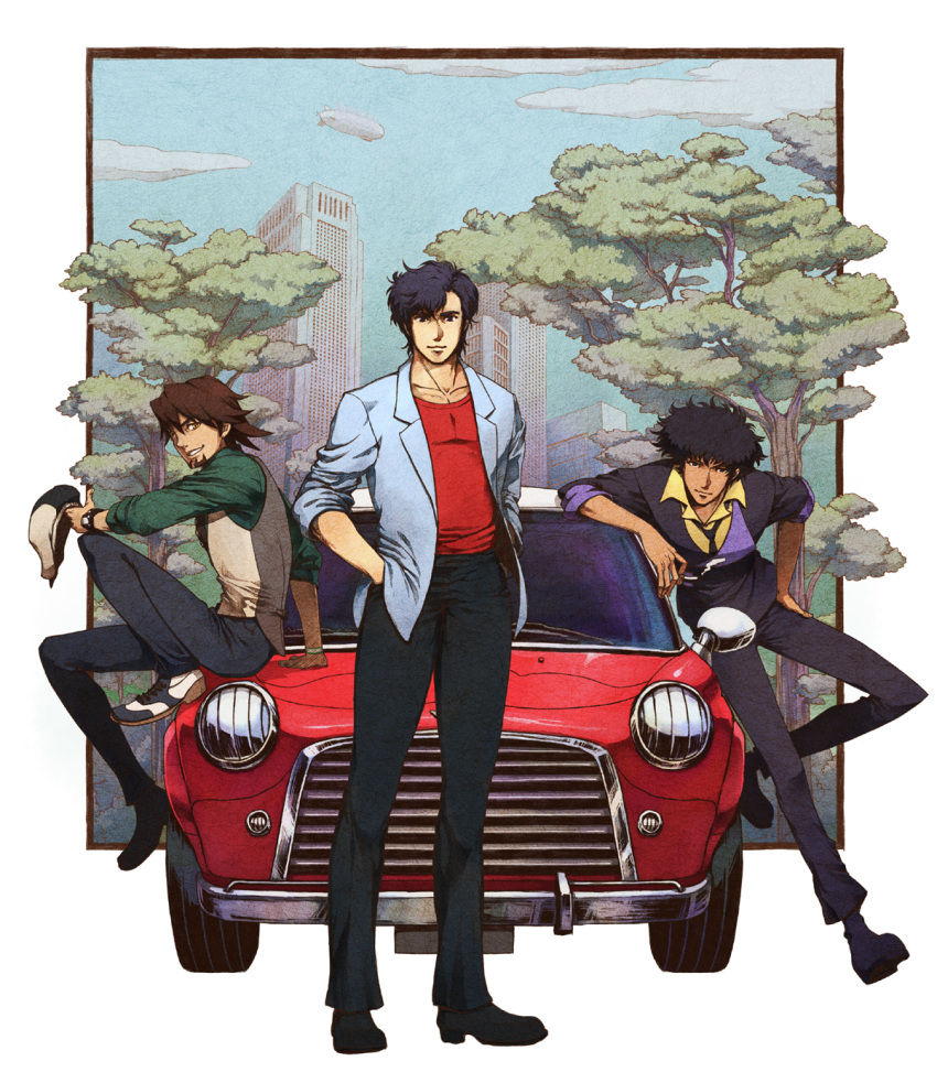 afro, black_hair, bracelet, brown_eyes, brown_hair, cabbie_hat, car, city_hunter, cowboy_bebop, crossover, facial_hair, formal, hat, highres, jacket, jewelry, kaburagi_t_kotetsu, male, mini_cooper, motor_vehicle, multiple_boys, necktie, nira_(niratoro), niratoro, ryo_saeba, saeba_ryou, short_hair, spike_spiegel, stubble, suit, tiger_&amp;_bunny, vehicle, vest, watch, wristwatch