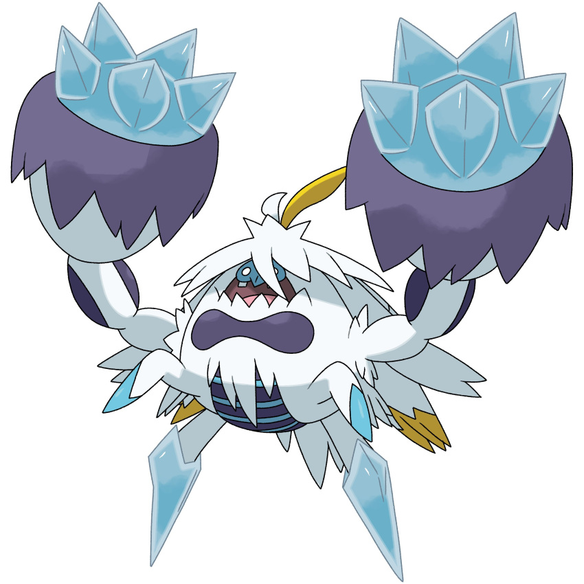 ahoge, blank_eyes, blonde_hair, blue_trim, body_fur, cardnlh, colored_skin, crab, crabominable, highres, ice, long_hair, mega_crabominable, mega_pokemon, multicolored_hair, no_humans, official_style, open_mouth, pokemon, pokemon_(creature), pokemon_focus, pokemon_legends:_z-a, purple_fur, purple_skin, sugimori_ken_(style), teeth, two-tone_hair, white_fur, white_hair, yeti_(creature)