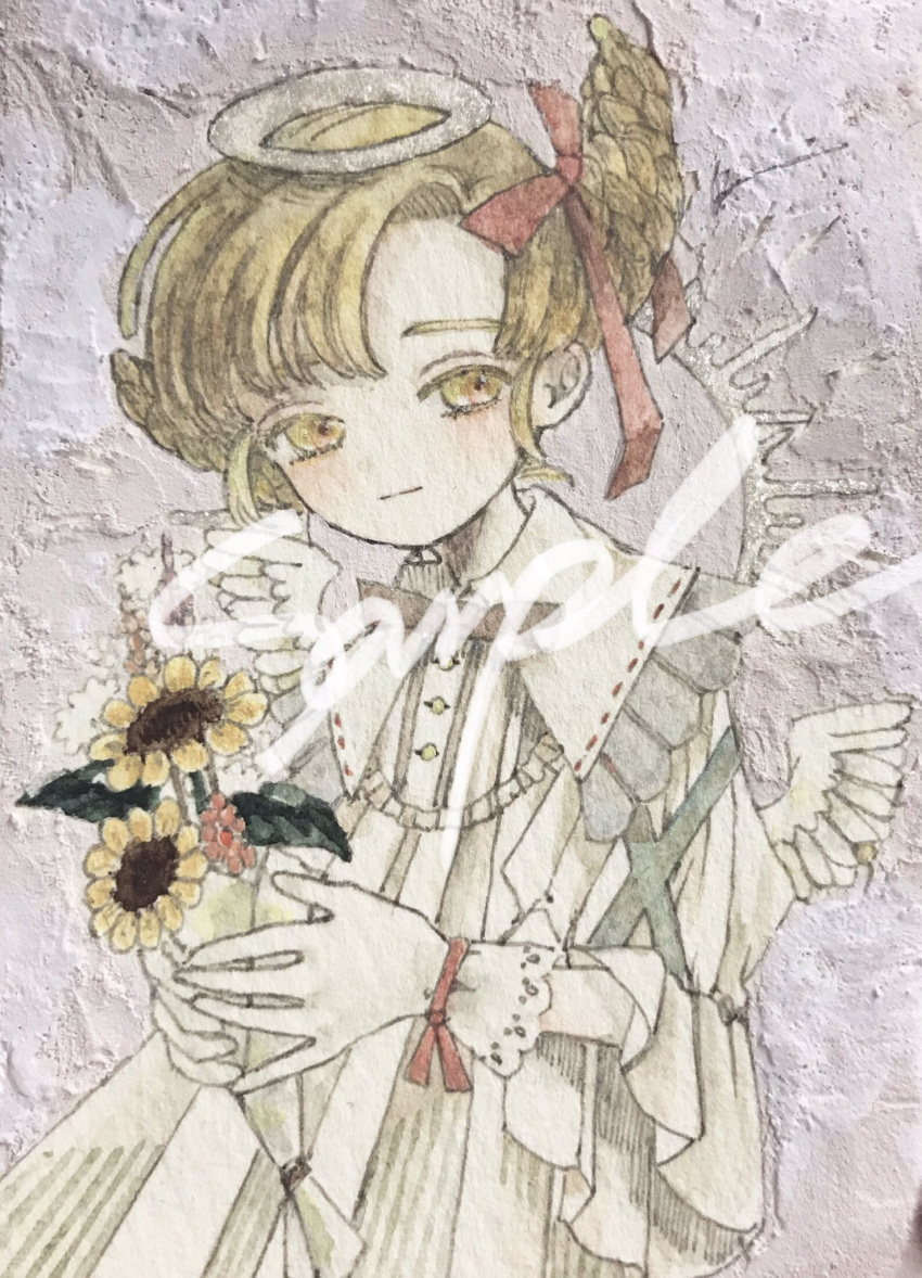 1girl, acrylic_paint_(medium), angel, blonde_hair, blush, bow, braid, closed_mouth