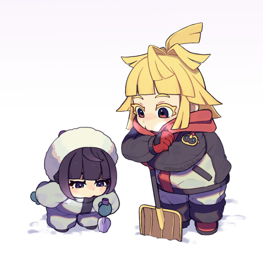1boy, 1girl, absurdres, black_coat, black_hair, blonde_hair, blue_gloves, blunt_bangs