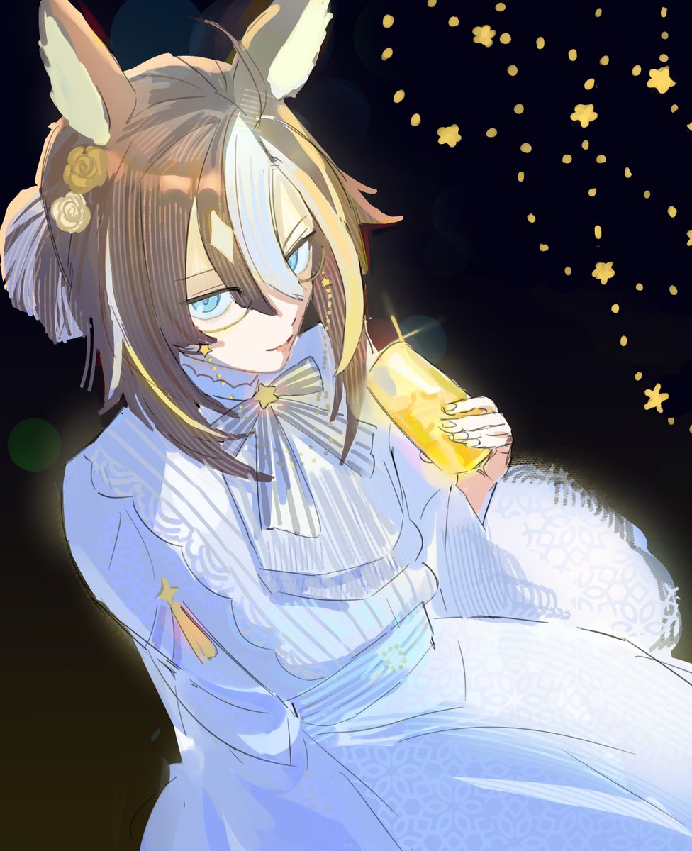 1girl, animal_ears, blue_eyes, brown_hair, coffetia, commentary, cup, dream_journey_(snow-white_dreamland)_(umamusume), dream_journey_(umamusume), dress, english_commentary, eyewear_strap, glasses, hair_between_eyes, hair_bun, highres, holding, holding_cup, horse_ears, horse_girl, long_hair, long_sleeves, looking_at_viewer, multicolored_hair, official_alternate_costume, solo, umamusume, white_dress, white_hair