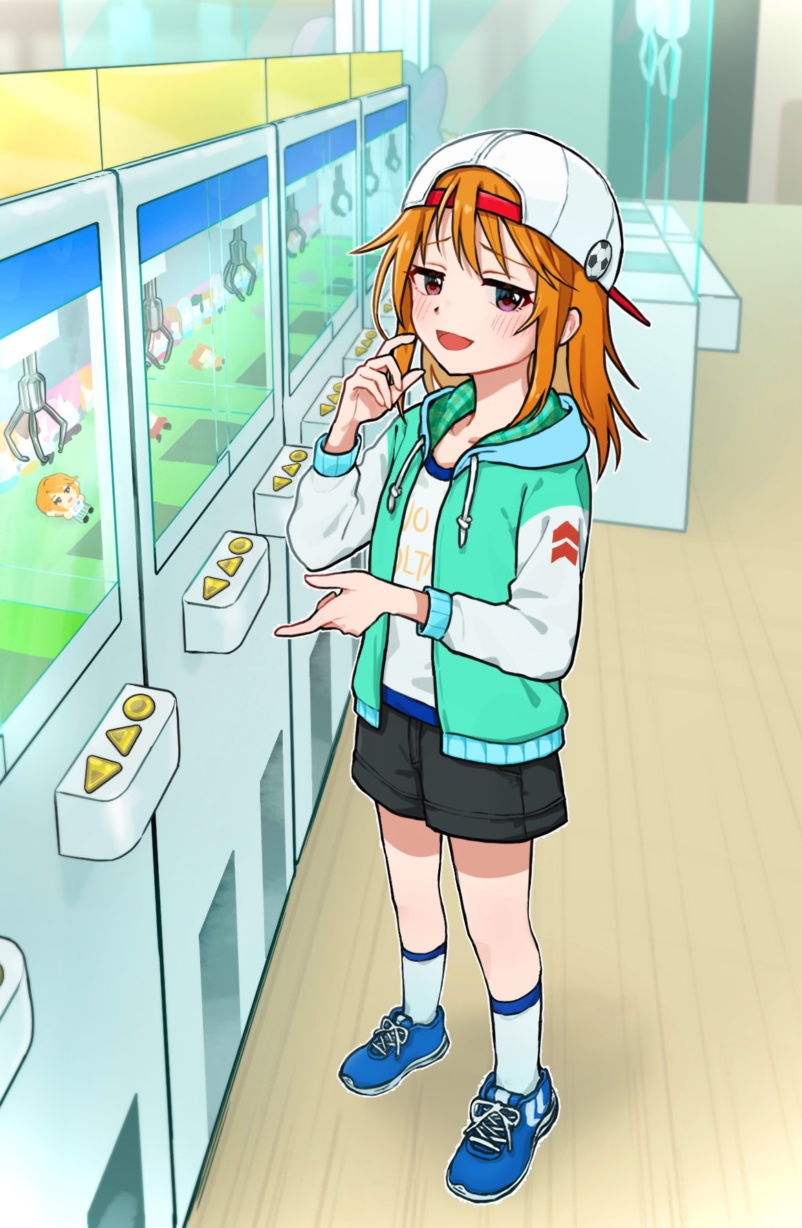 1girl, baseball_cap, character_doll, chibigurumi, child, crane_game, doll, hair_between_eyes