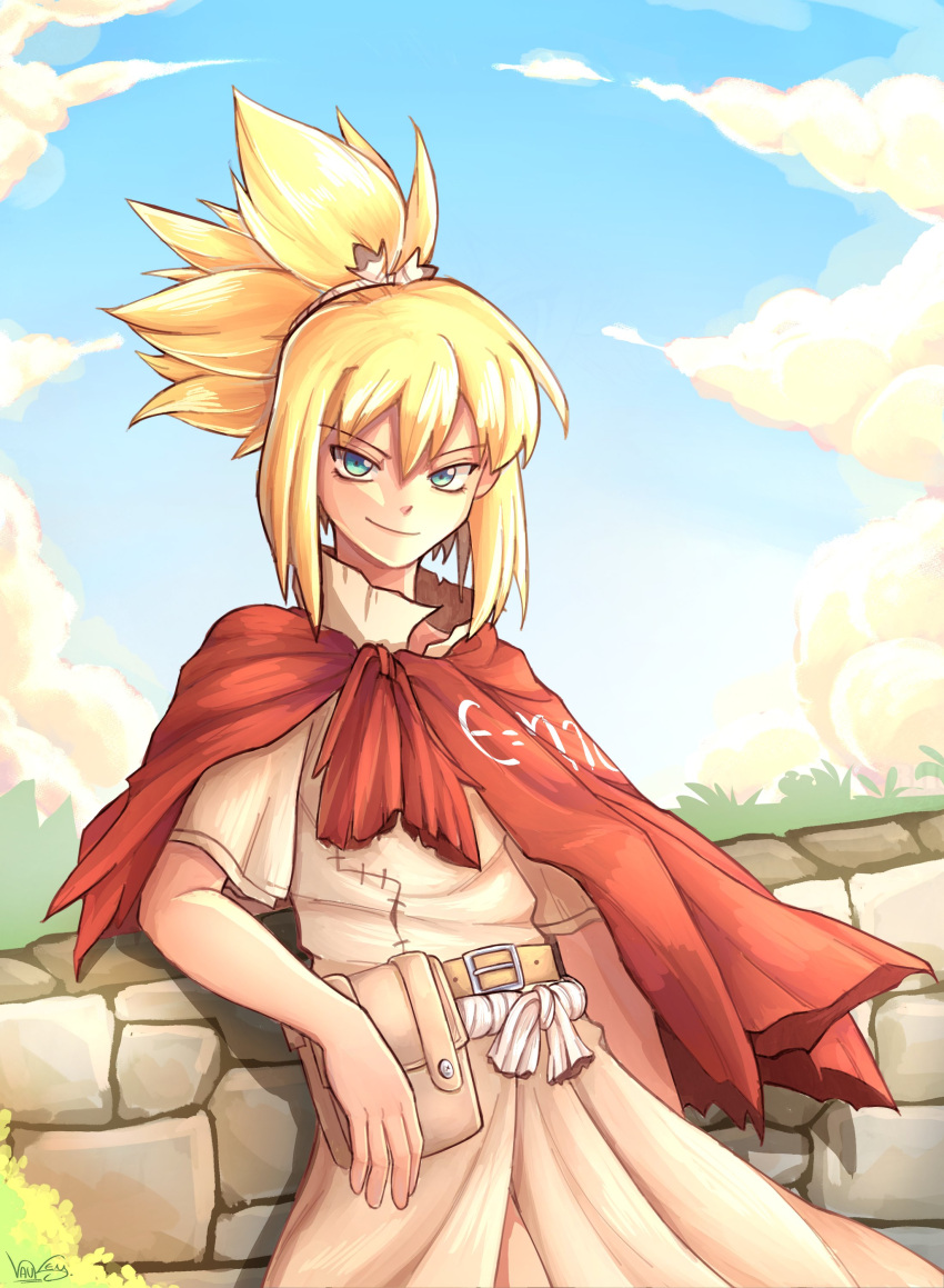 1girl, absurdres, against_wall, belt, blonde_hair, blue_eyes, blue_sky, brick_wall