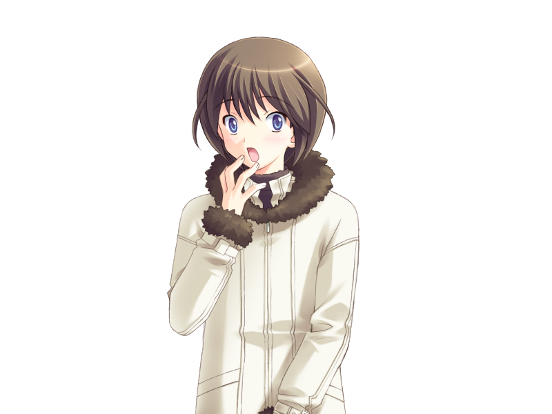 age_difference, antenna_hair, blue_eyes, blush, brown_hair, coat, game_cg, hand_on_own_face