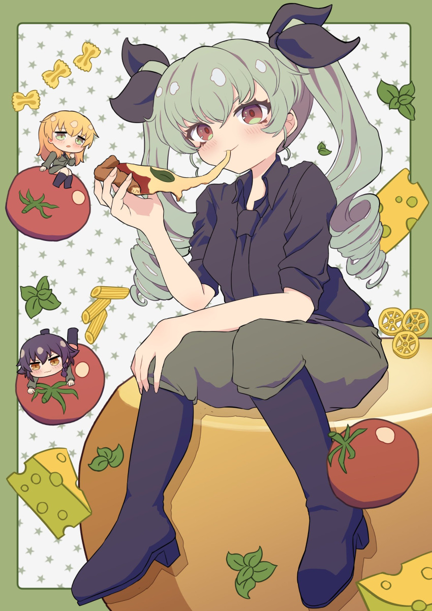 3girls, anchovy_(girls_und_panzer), anzio_military_uniform, black_boots, black_hair, black_necktie, black_ribbon, black_shirt