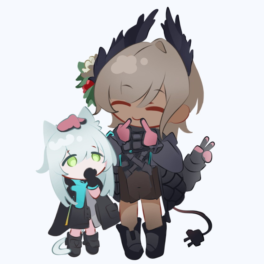 2girls, animal_ear_fluff, animal_ears, arknights, bird_girl, black_gloves, cable, cable_tail