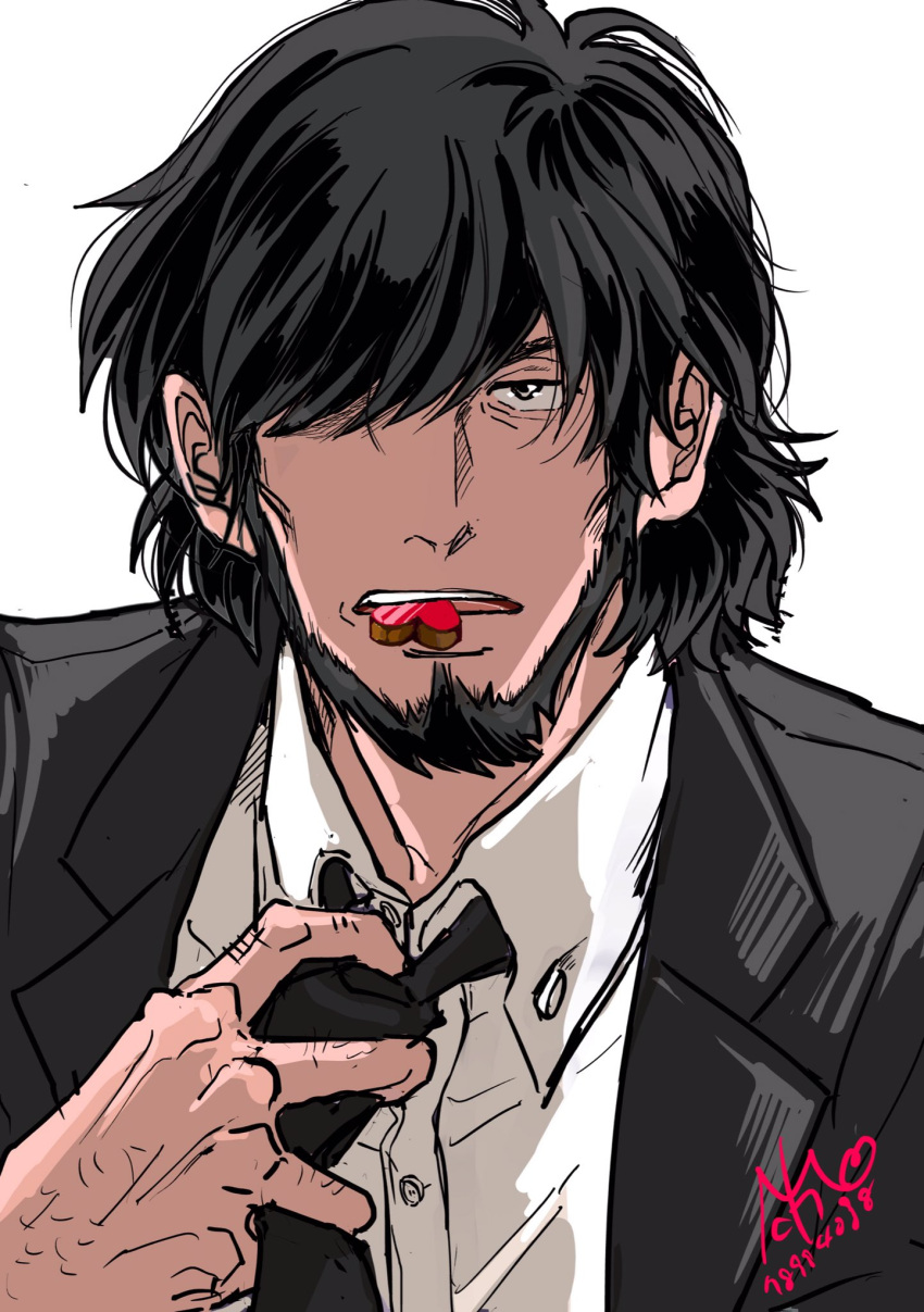 1boy, beard, black_hair, black_suit, collared_shirt, commentary, facial_hair, hair_over_one_eye
