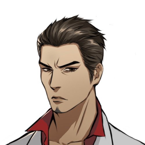 1boy, black_hair, brown_eyes, commentary, crossover, english_commentary, facial_hair, goatee, jacket, kiryu_kazuma, lowres, male_focus, parody, persona, persona_5, portrait, red_shirt, ryuu_ga_gotoku_(series), ryuu_ga_gotoku_1, shirt, short_hair, solo, sotenborinpc, soul_patch, style_parody, white_jacket