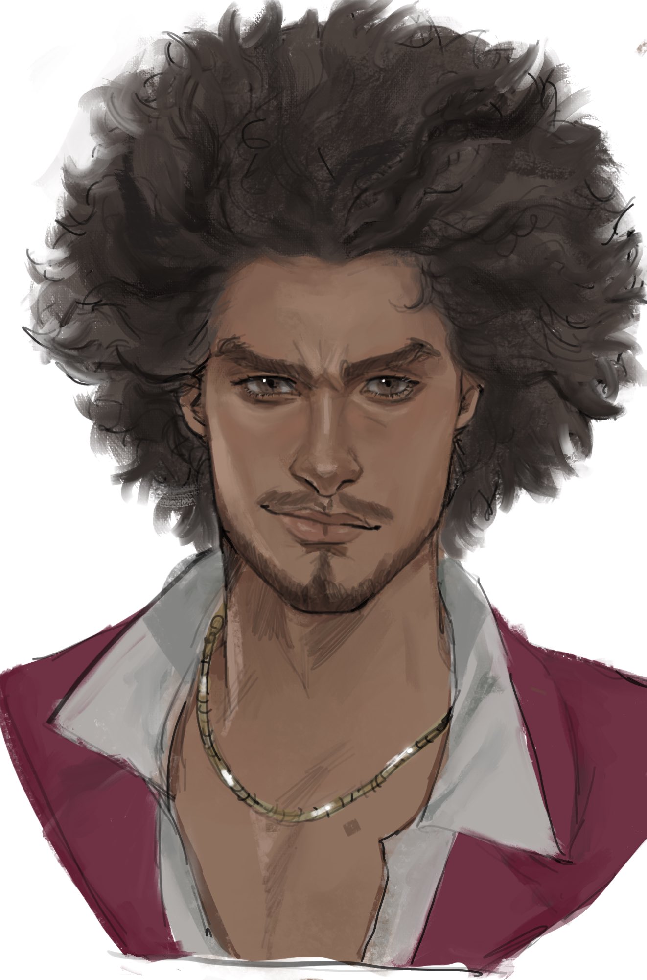 1boy, afro, beard, brown_hair, chinstrap_beard, commentary, dark-skinned_male, dark_skin