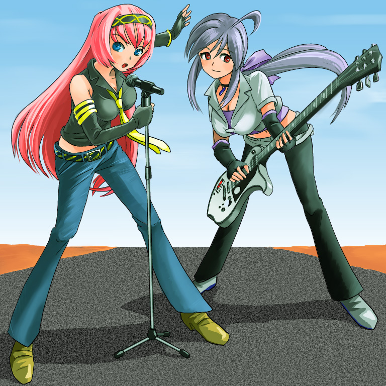 blue_eyes, detached_sleeves, guitar, headband, highway, i_sing_for_you_(vocaloid), instrument, megurine_luka, microphone, microphone_stand, multiple_girls, pink_hair, ponytail, red_eyes, ren-chan, silver_hair, vocaloid, voyakiloid, yowane_haku
