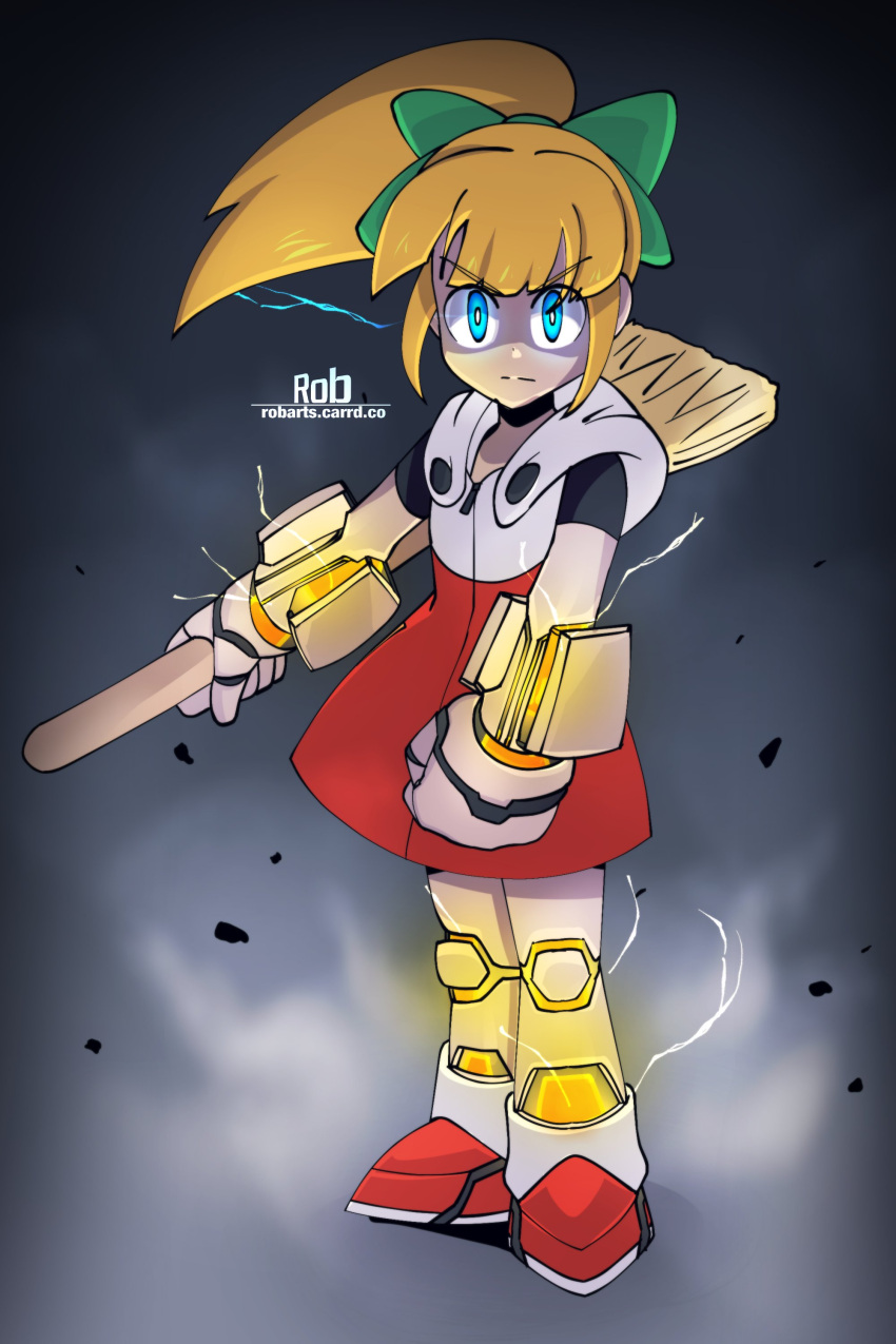 1girl, absurdres, blonde_hair, blue_eyes, broom, commentary, dress, english_commentary