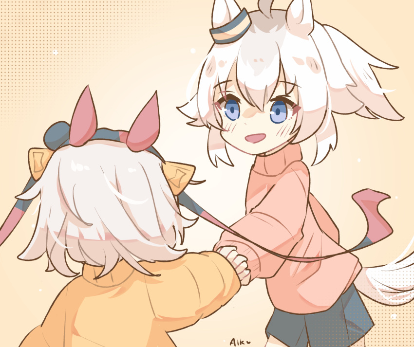 2girls, aged_down, ahoge, alkaru, animal_ears, blue_eyes, blue_hairband, blue_shorts, blush, coat, commentary, ear_covers, ear_ornament, english_commentary, grey_hair, grey_tail, hair_between_eyes, hair_ornament, hairband, headband, highres, holding_hands, horse_ears, horse_girl, horse_tail, long_hair, long_sleeves, multiple_girls, oguri_cap_(umamusume), open_mouth, pants, pink_sweater, ponytail, red_headband, short_hair, shorts, smile, striped_clothes, striped_hairband, sweater, tail, tamamo_cross_(umamusume), umamusume, umamusume:_cinderella_gray, yellow_coat