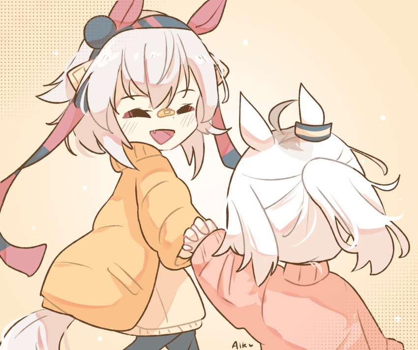 2girls, aged_down, ahoge, alkaru, animal_ears, bandaid, bandaid_on_face, bandaid_on_nose, blue_hairband, closed_eyes, coat, commentary, ear_covers, ear_ornament, english_commentary, fang, grey_hair, grey_tail, hair_between_eyes, hair_ornament, hairband, headband, highres, holding_hands, horse_ears, horse_girl, horse_tail, long_hair, long_sleeves, multiple_girls, oguri_cap_(umamusume), open_mouth, pants, pink_sweater, ponytail, red_headband, short_hair, smile, striped_clothes, striped_hairband, sweater, tail, tamamo_cross_(umamusume), umamusume, umamusume:_cinderella_gray, yellow_coat, yellow_sweater