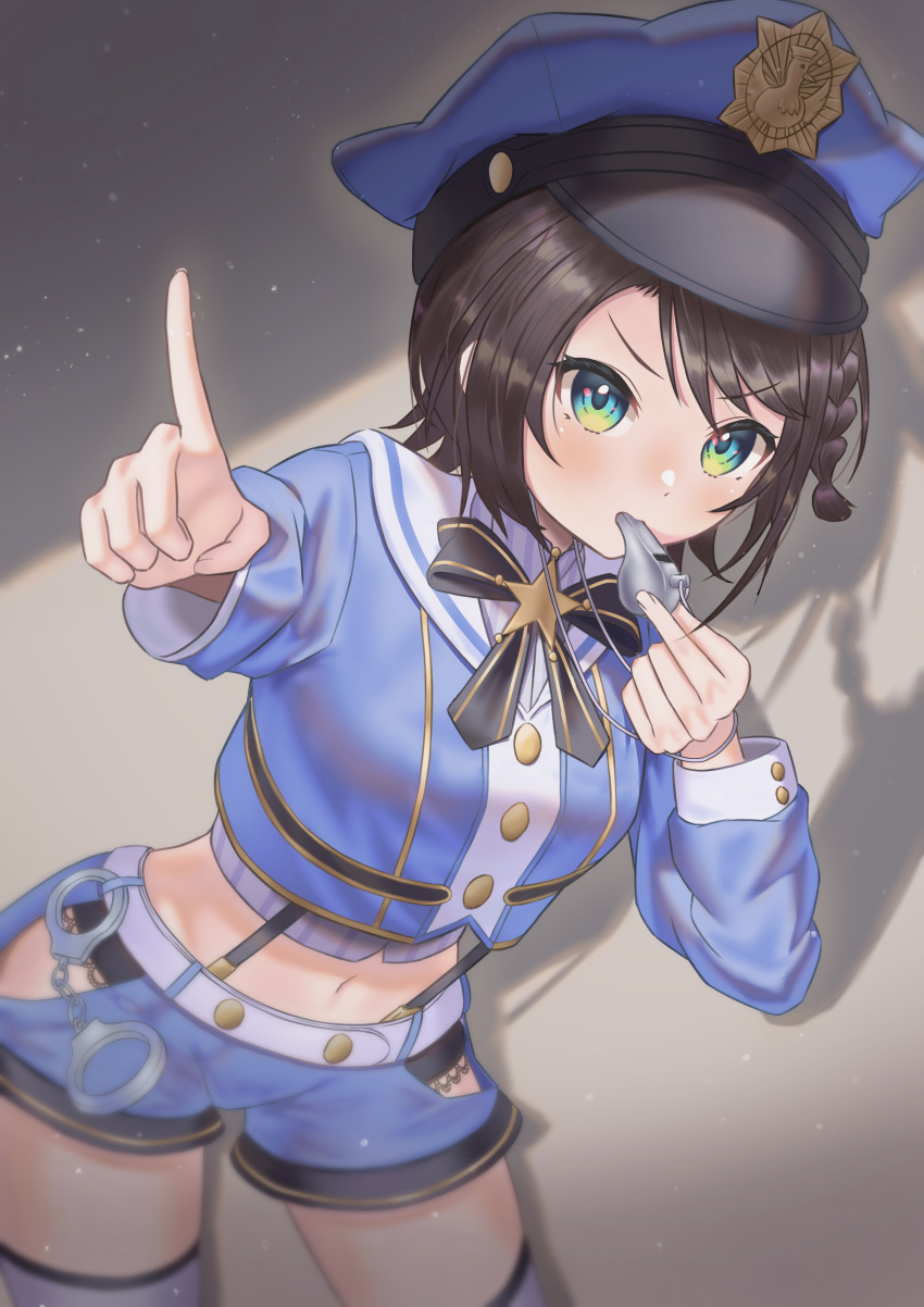 1girl, absurdres, black_thighhighs, blue_eyes, blue_jacket, blue_shorts, brown_hair, closed_mouth