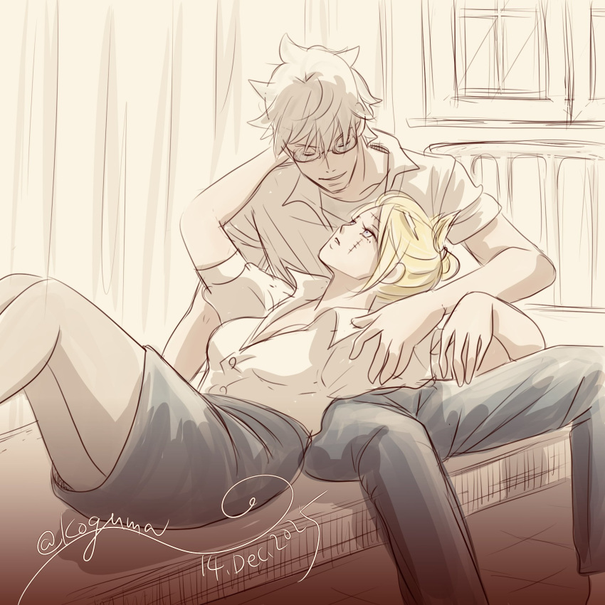 artist_name, blonde_hair, commentary_request, couple, dress_suit, gintama, highres, koguma_05