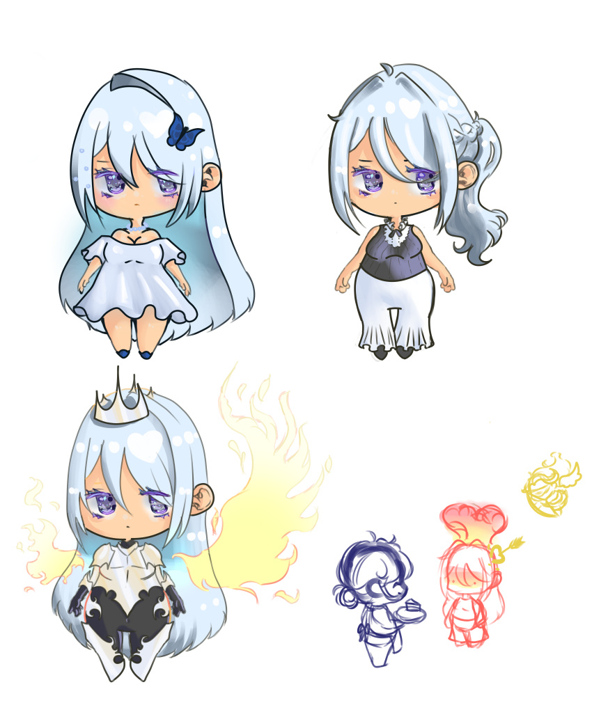1girl, absurdres, alternate_costume, armor, cassie_(shadow_slave), chibi, chibi_inset, chibi_only, commentary, crown, dress, english_commentary, fiery_wings, fringe-trimmed_pants, full_body, highres, jewelry, long_hair, looking_at_viewer, multiple_views, necklace, nephis_(shadow_slave), shadow_slave, side_ponytail, standing, sunny_(shadow_slave), violet_eyes, white_dress, white_hair, wings, yule0727