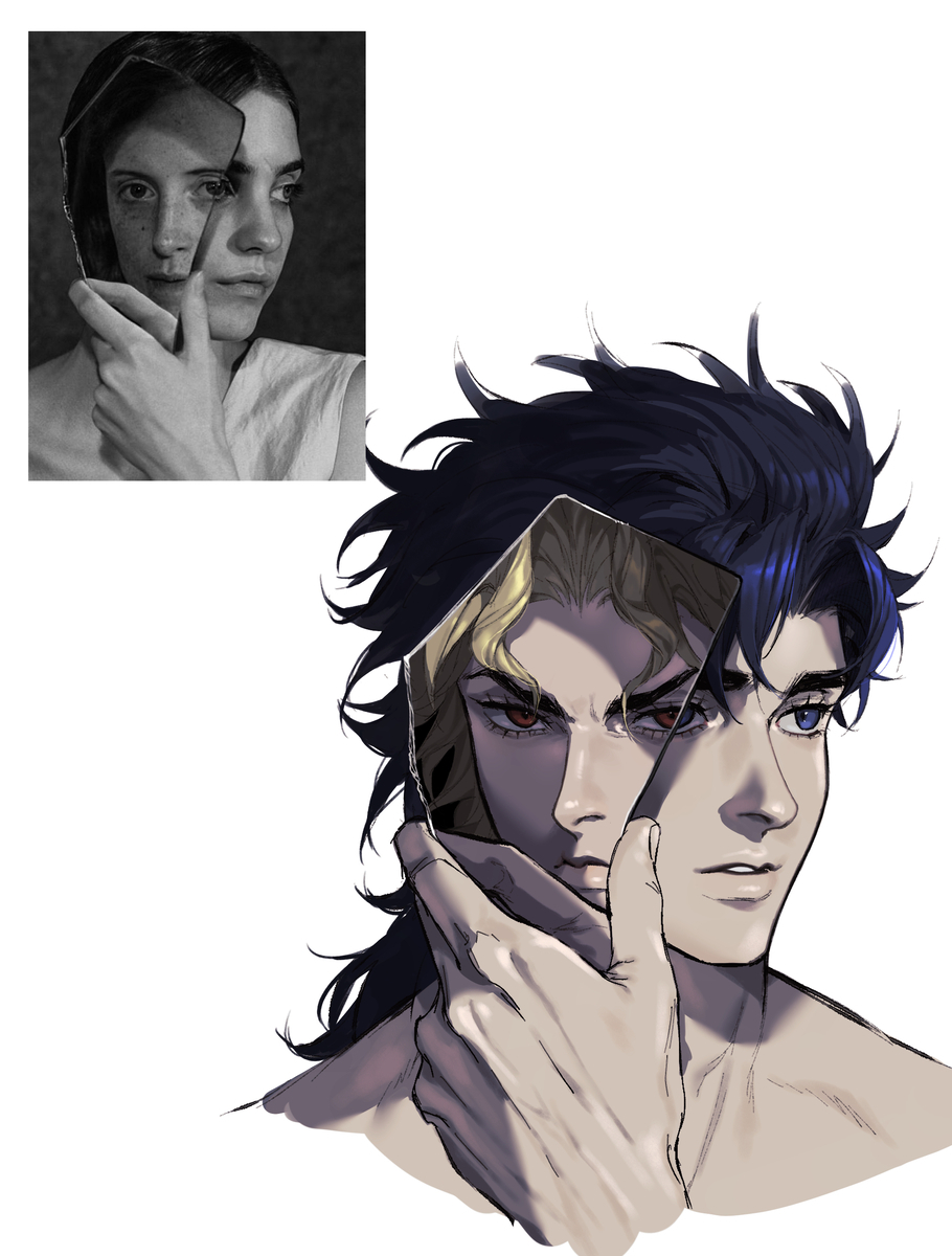 2boys, blonde_hair, blue_eyes, blue_hair, broken_mided_mirrors, commentary_request, different_reflection, dio_brando