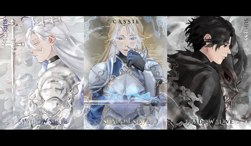 1boy, 2girls, aphora, armor, black_gloves, black_hair, black_tunic, blonde_hair