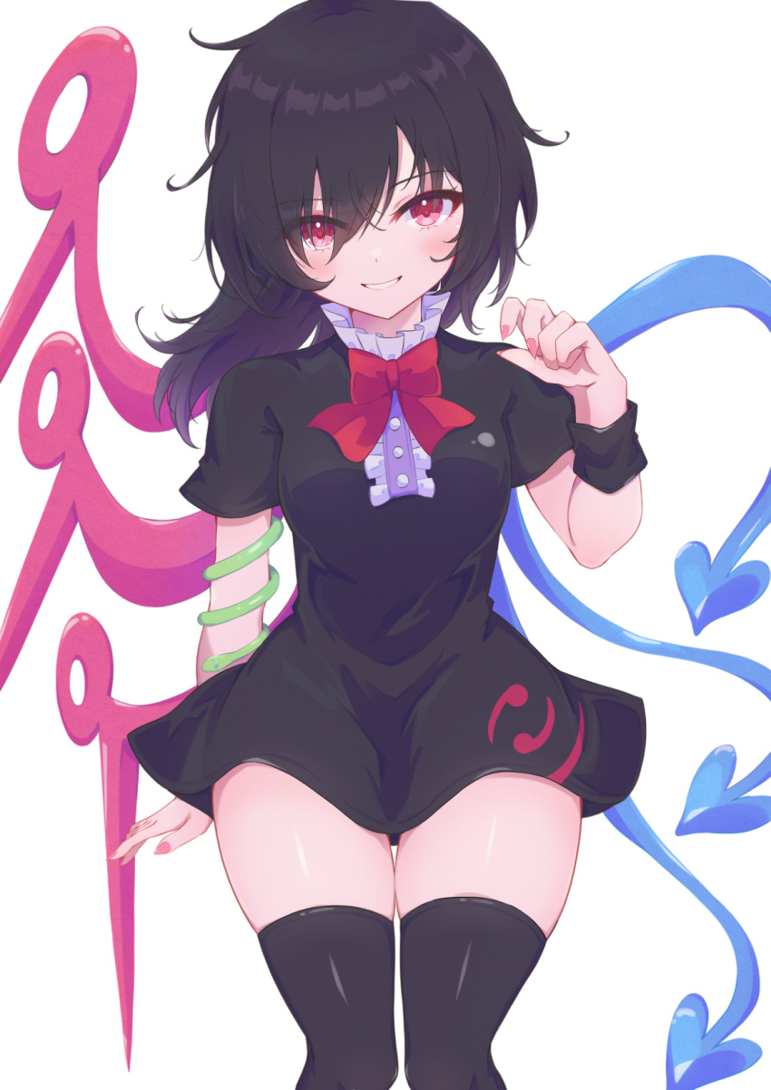 1girl, :d, arm_behind_back, asymmetrical_wings, black_dress, black_hair, blue_wings, blush, bow, bowtie, breasts, center_frills, dress, frills, grin, hair_over_one_eye, hand_up, highres, hip_focus, houjuu_nue, long_hair, looking_at_viewer, medium_breasts, red_bow, red_bowtie, red_eyes, red_wings, small_breasts, smile, snake, snake_wrapped_around_arm, solo, thighs, tomoe_(fdhs5855), touhou, wings, wristband
