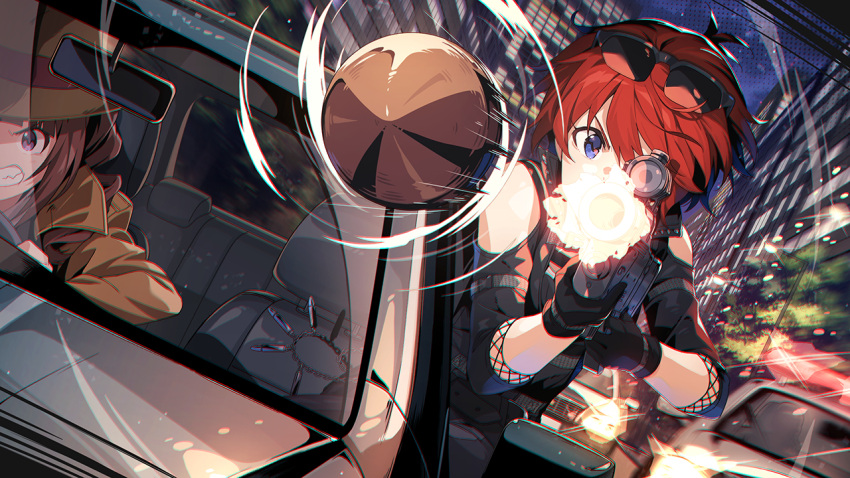 2girls, black_gloves, blue_eyes, bullet, car, city, commentary_request, driving