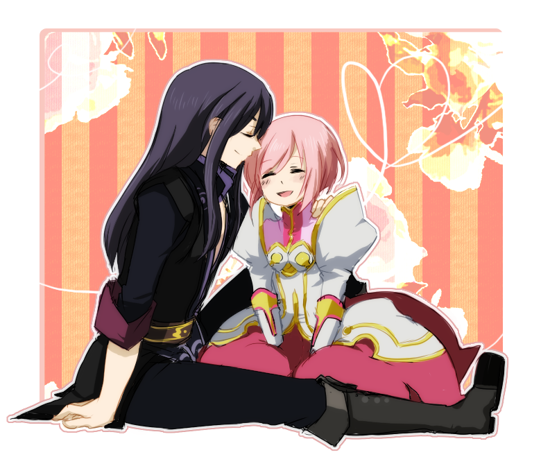1girl, black_hair, boots, closed_eyes, coat, couple, dress, estellise_sidos_heurassein