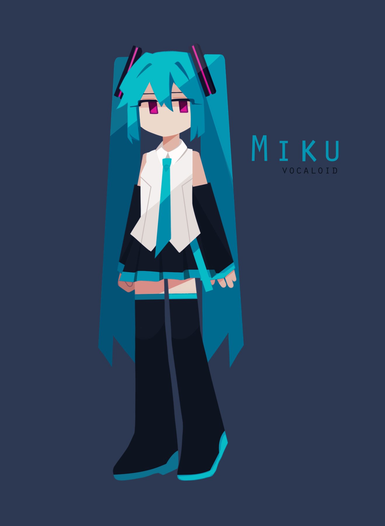 1girl, arms_at_sides, bare_shoulders, black_boots, black_skirt, blue_background, blue_hair, blue_necktie
