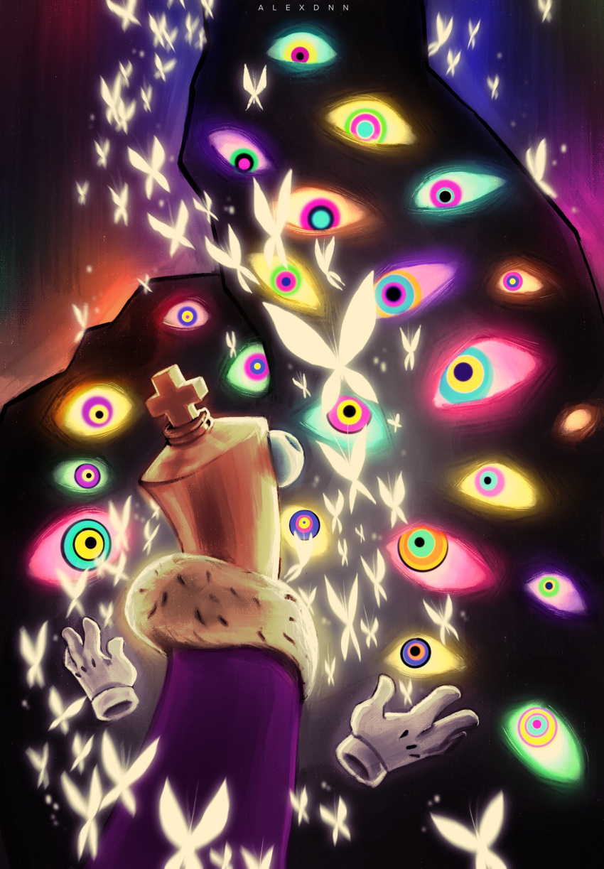 1boy, abstraction_(the_amazing_digital_circus), alexdnn_art, bug, butterfly, english_commentary, extra_eyes, eye_contact