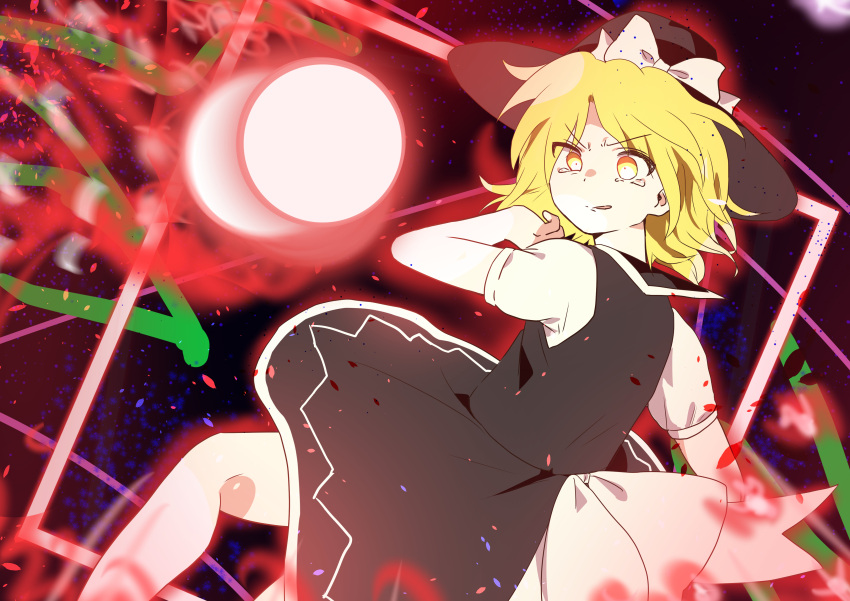 1girl, absurdres, black_hat, black_skirt, black_sweater_vest, blonde_hair, bow, danmaku