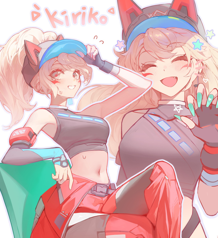 1girl, absurdres, animal_ears, bare_shoulders, baseball_cap, blonde_hair, blue_nails, blush, breasts, commentary, crop_top, detached_sleeves, earrings, english_text, facial_mark, fang, fingerless_gloves, fox_ears, gloves, hair_down, hat, heart, highres, jewelry, jumpsuit, jumpsuit_around_waist, kiriko_(overwatch), long_hair, looking_at_viewer, medium_breasts, midriff, official_alternate_costume, overwatch, ponytail, red_jumpsuit, single_detached_sleeve, single_earring, single_fingerless_glove, sitting, star_(symbol), streetwear_kiriko, sweat, symbol-only_commentary, tnd4015