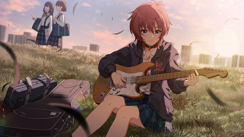 3girls, black_jacket, blade_of_grass, blue_eyes, closed_mouth, commentary_request, day, electric_guitar