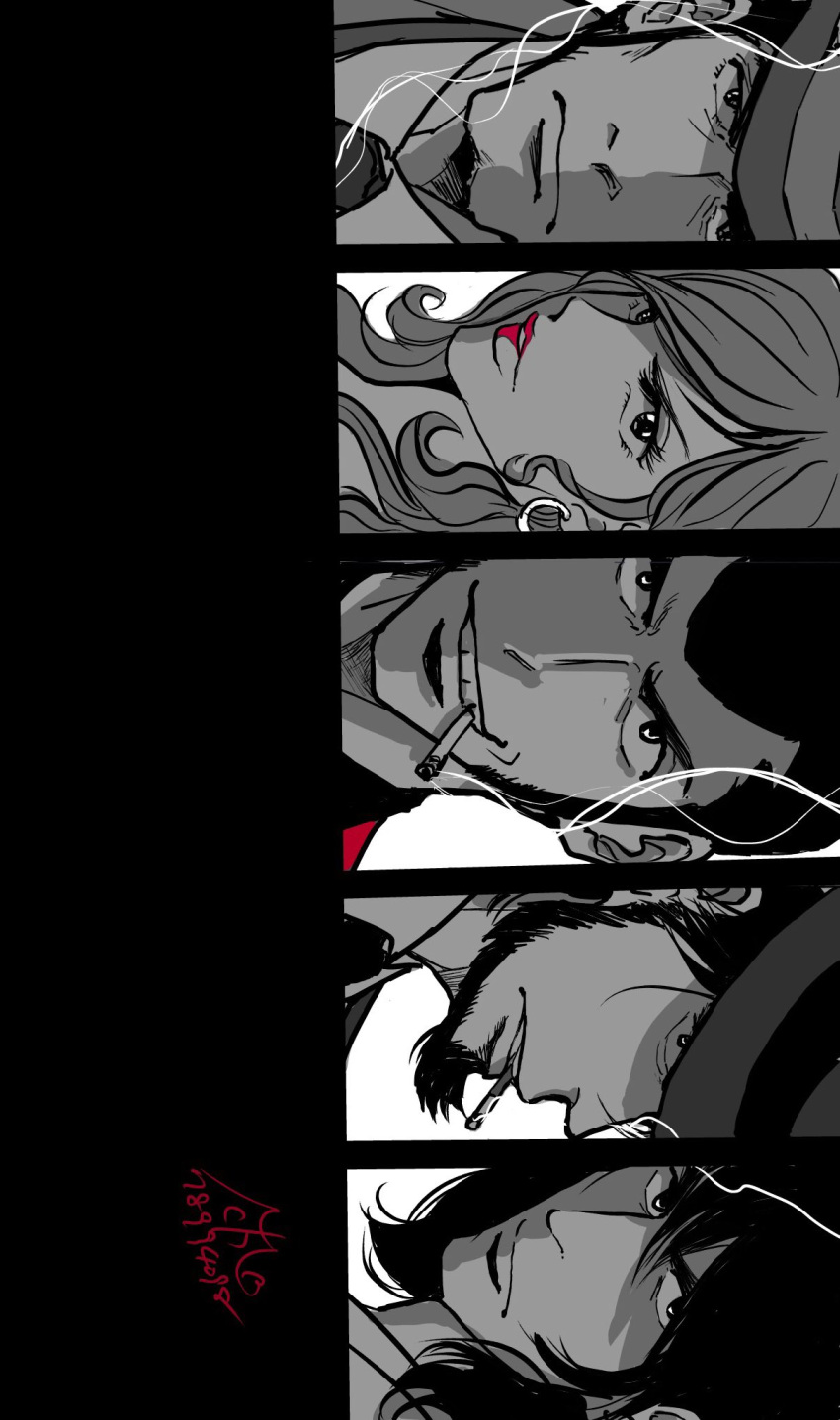 1girl, 4boys, arsene_lupin_iii, beard, cigarette, closed_mouth, eyelashes, facial_hair