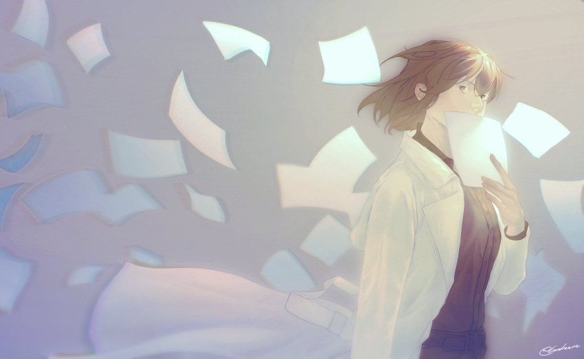 1girl, \||/, black_hair, black_shirt, bob_cut, coat, collared_shirt, covering_own_mouth