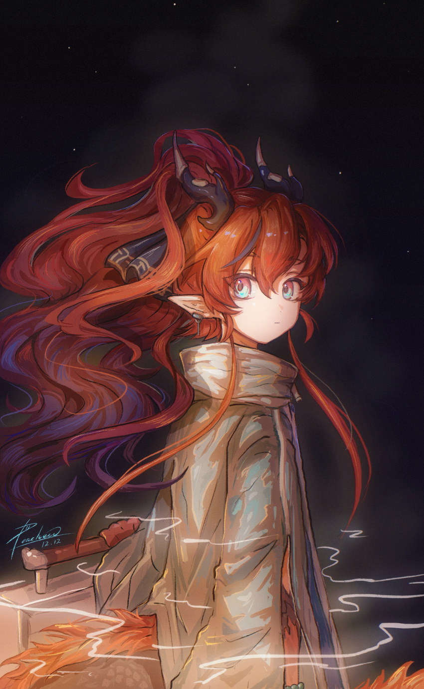 1boy, absurdres, arknights, black_horns, blue_eyes, chinese_commentary, commentary_request, dated, dragon_horns, dragon_tail, highres, horns, long_hair, long_sleeves, looking_at_viewer, male_focus, peachew, pointy_ears, ponytail, red_hair, red_tail, signature, solo, tail, yu_(arknights)