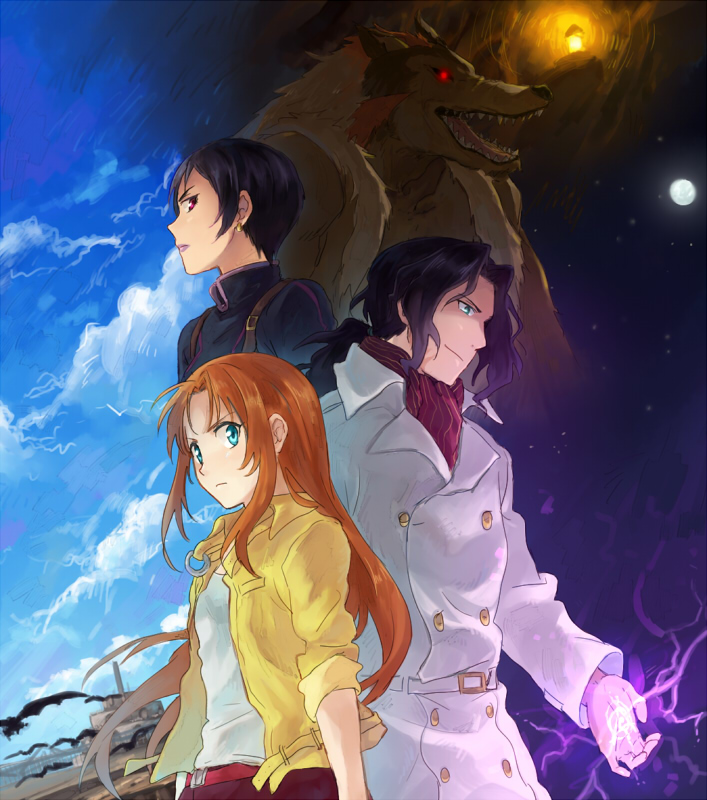 ascot, bad_id, black_hair, blue_eyes, fullmetal_alchemist, fullmetal_alchemist:_milos_no_seinaru_hoshi, fullmetal_alchemist_sacred_star_of_milos, julia_crichton, long_hair, magic, melvin_voyager, miranda_(fma), miranda_(fullmetal_alchemist), orange_hair, pixie_cut, ponytail, red_eyes, riru, trench_coat, white_jacket, white_shirt, yellow_jacket