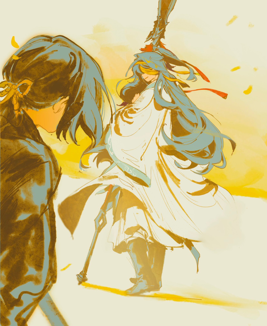 1boy, 1girl, bandage_over_one_eye, black_boots, black_coat, black_hair, blue_hair, boots
