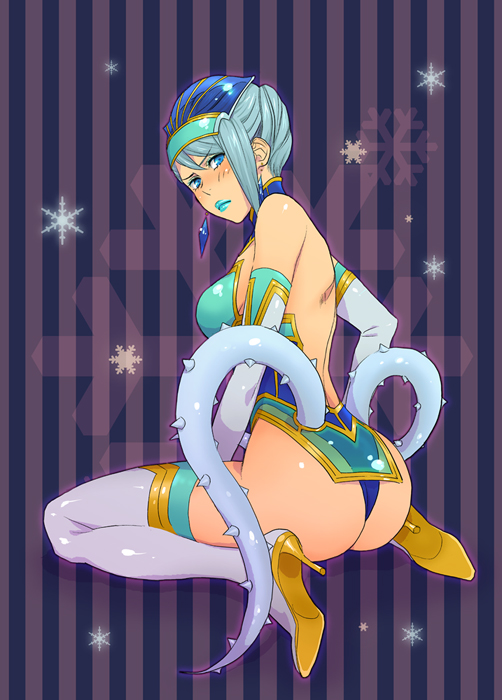 ame_maru, ass, blue_eyes, blue_hair, blue_rose_(tiger_&amp;_bunny), blush, karina_lyle, looking_back
