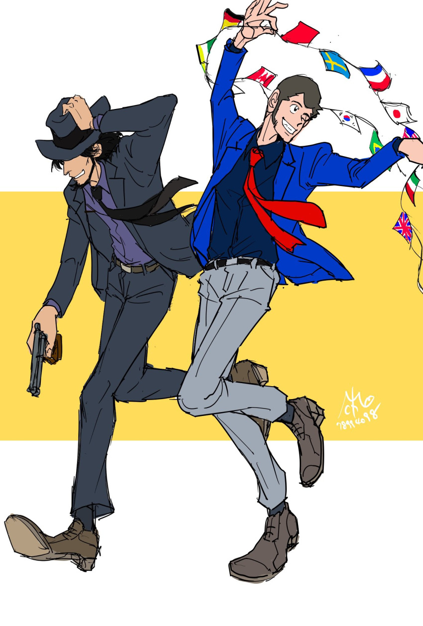2boys, american_flag, arsene_lupin_iii, beard, black_hair, black_necktie, blue_jacket, brazilian_flag