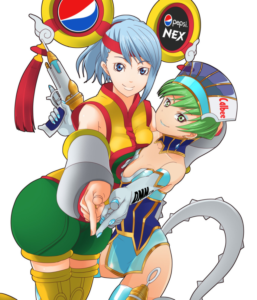 2girls, asyemmetrical_docking, asymmetrical_docking, blue_hair, blue_rose_(tiger_&amp;_bunny), blue_rose_(tiger_&amp;_bunny)_(cosplay), breast_compress, breast_suppress, breasts, collar, cosplay, costume_switch, dragon_kid, dragon_kid_(cosplay), elbow_gloves, fingernails_over_gloves, flat_chest, green_hair, gun, highres, huang_baoling, karina_lyle, lipstick, multiple_girls, paolin_huan, pointing, ponytail, short_hair, shorts, thigh-highs, thighhighs, tiger_&amp;_bunny, tosarayama, weapon