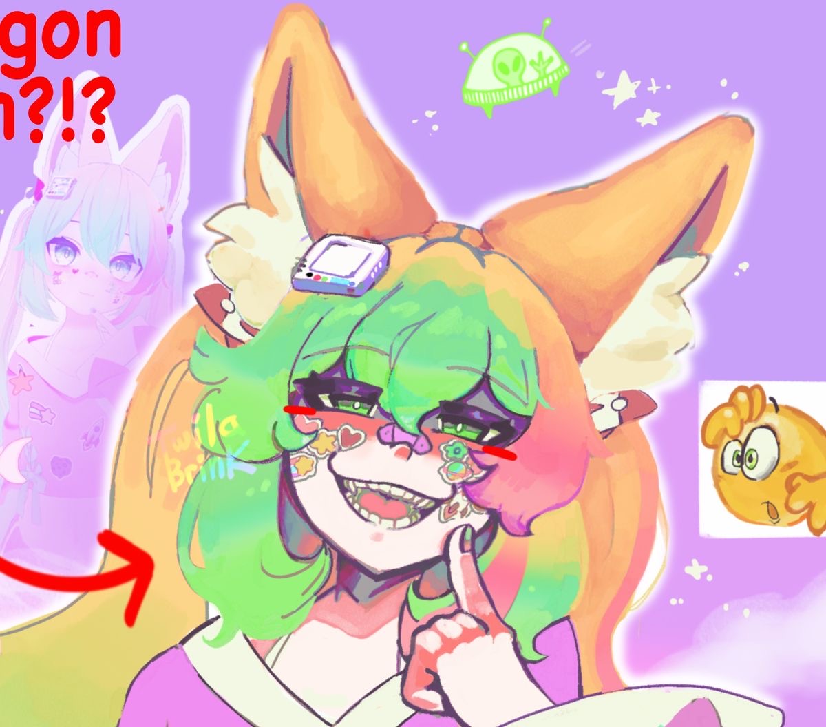 1other, animal_ears, artist_name, bandage_on_nose, blonde_hair, blush, dog_ears, emoji