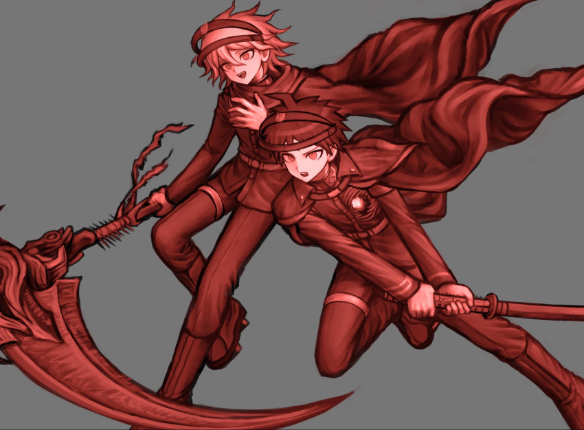 2boys, ahoge, aotsuki_eito, aotsuki_eito_(cosplay), belt, boots, cape, commentary_request